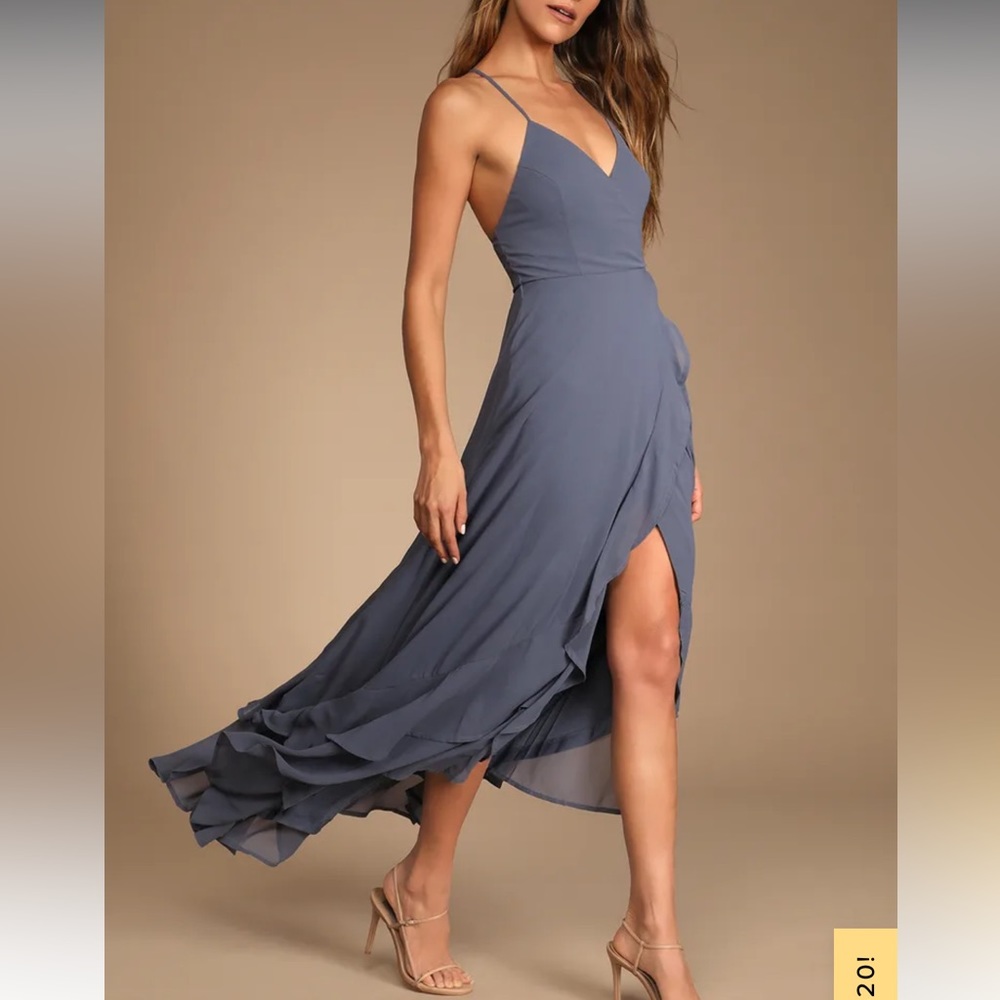 Lulu’s In Love Forever Granite Blue Lace-Up High-Low Maxi Dress